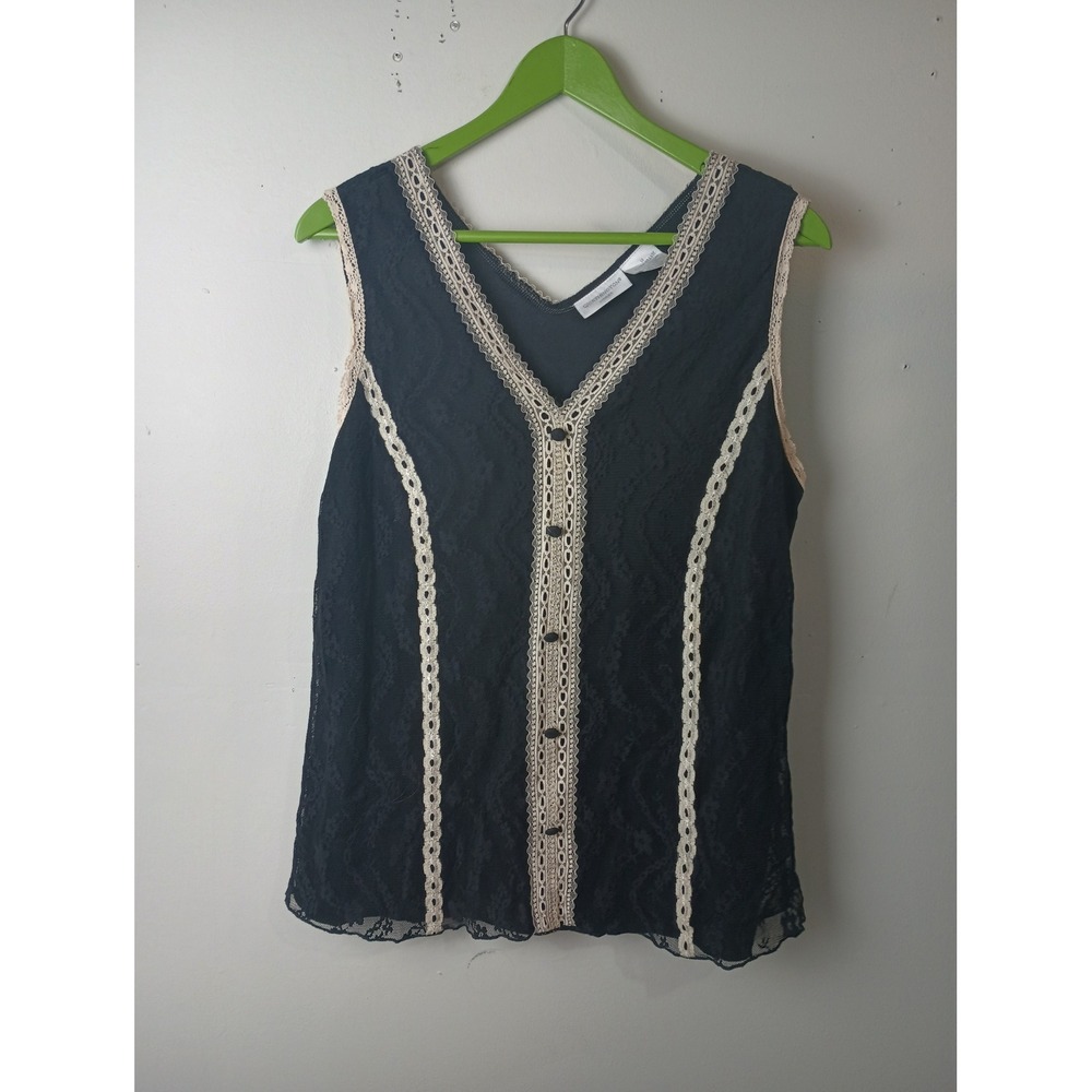 Worthington Woman Black Lace Sleeveless V-Neck Blouse with Cream Trim 1X